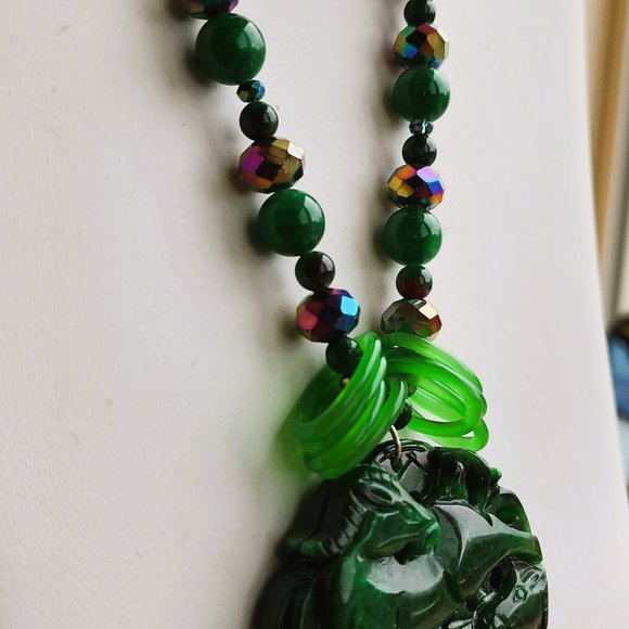 One of Kind Necklace Wild Horses Jade Stone RARE Glass Rings - Picture 2 of 6